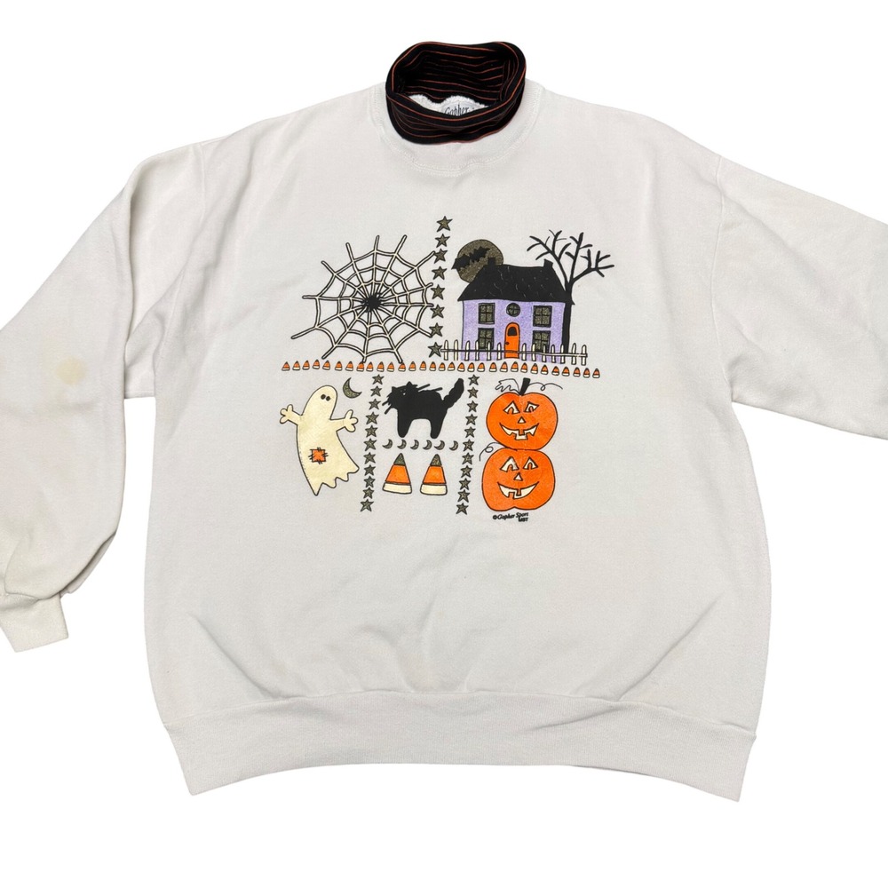 Gopher Sport Vintage 90s Halloween Sweatshirt Mock Neck Ghost Pumpkin White L